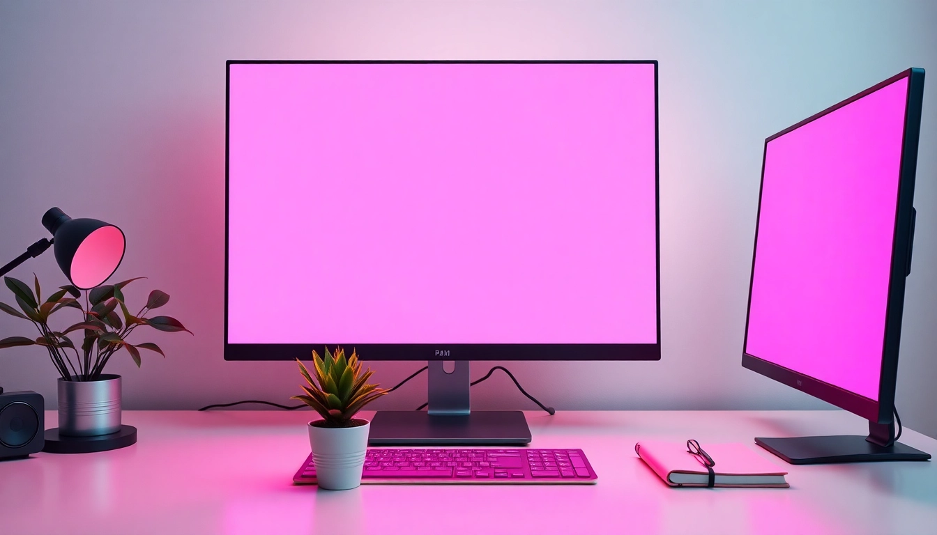 Professional workspace with a calming pink screen backdrop for relaxation and creativity.