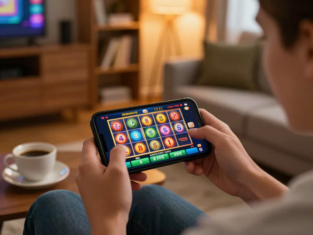 Engaging mobile gaming experience with https://va88.moe/ slot reels spinning on smartphone in cozy living room