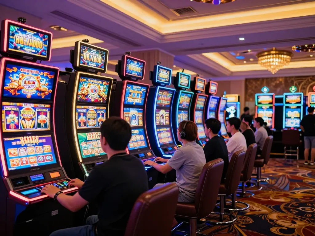 Players enjoying thrilling lucky88 slot machine experience in vibrant casino.
