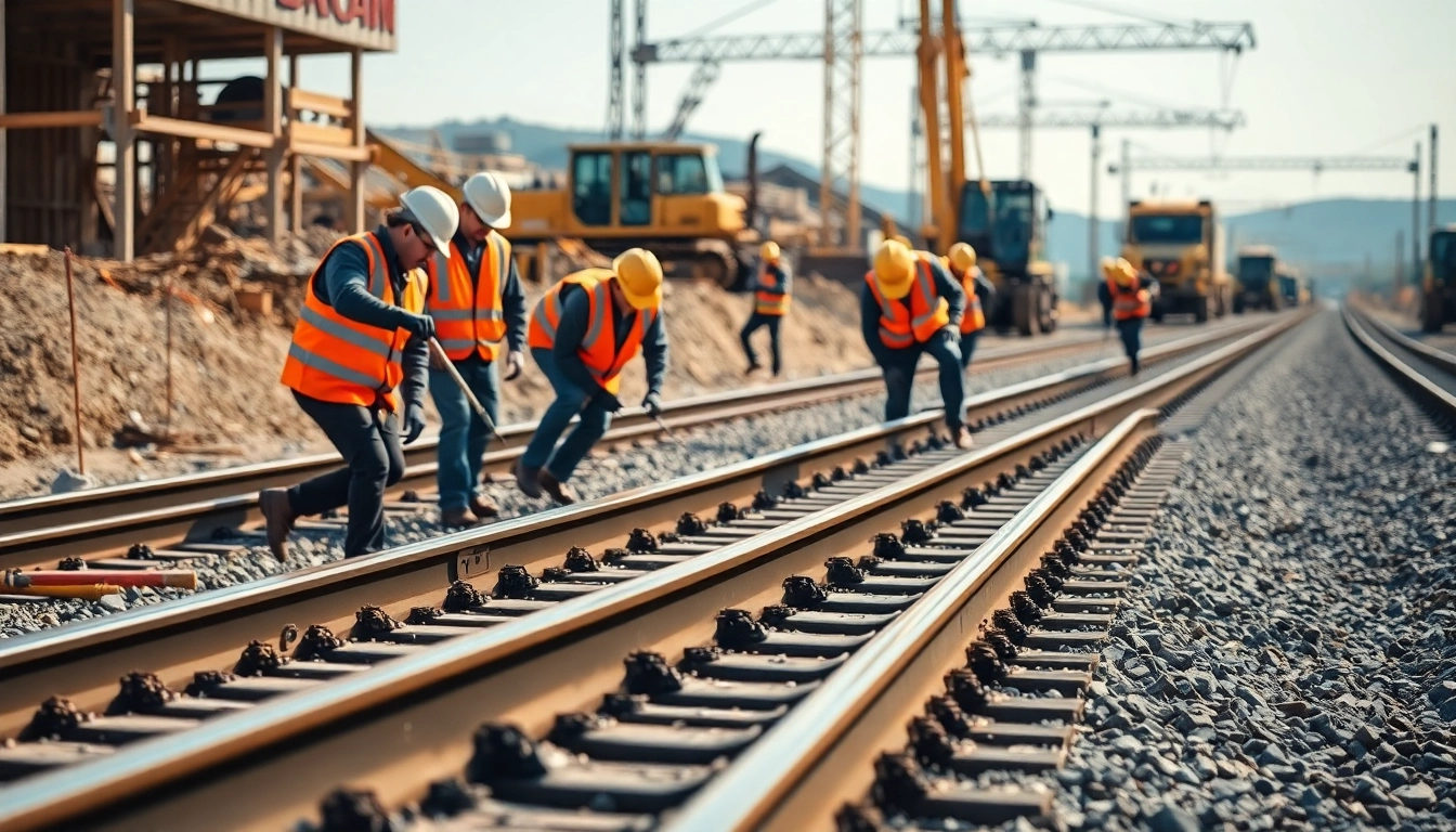 Railroad Track Construction Company team laying tracks with machinery in a bright construction setting.