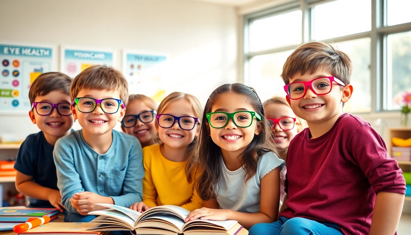 Our Children's Vision showcases joyful children wearing colorful eyeglasses in a bright classroom.