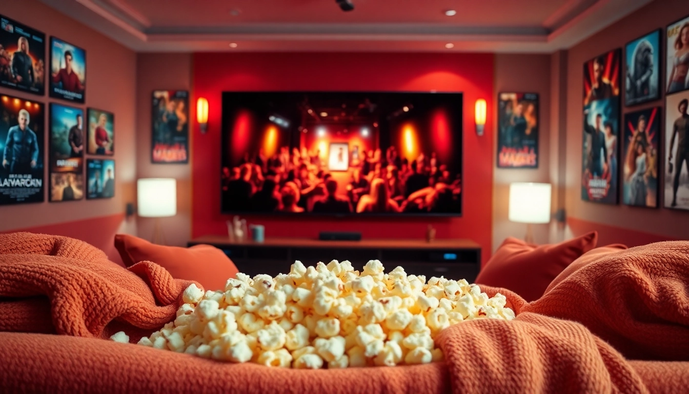 Enjoy movies online in a cozy home theater with popcorn and iconic movie scenes.