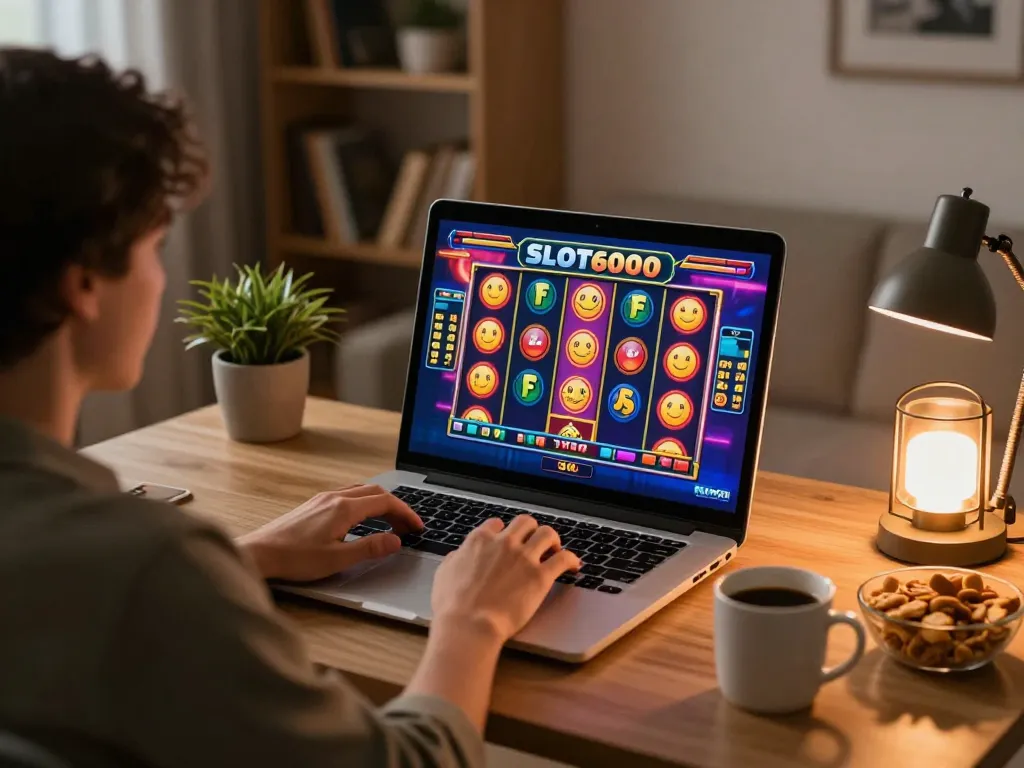 SLOT6000 player enjoying high-stakes home gaming with engaging slot interface and snacks.