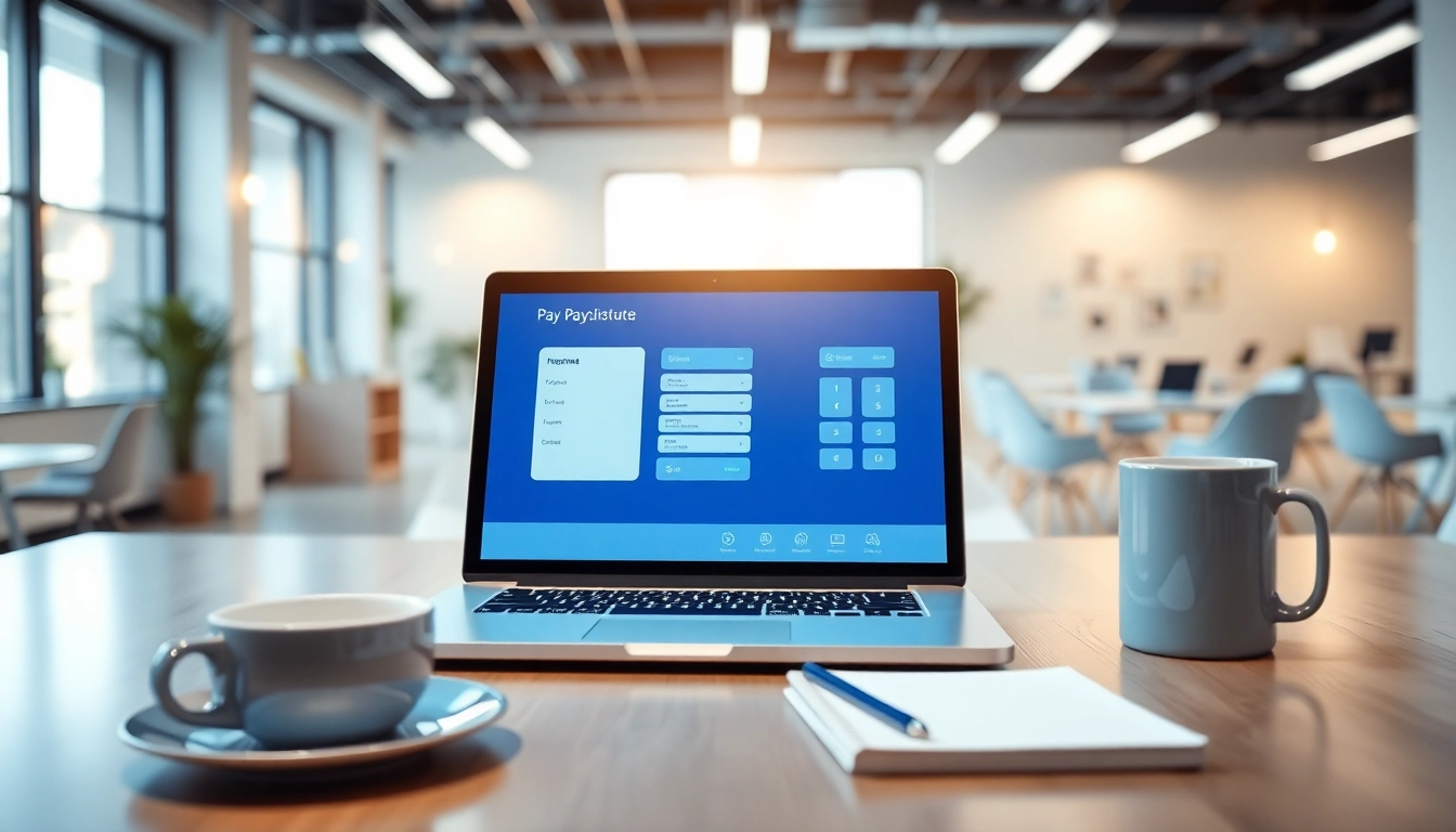 Showcasing innovative payment software on a laptop in a modern office setting.