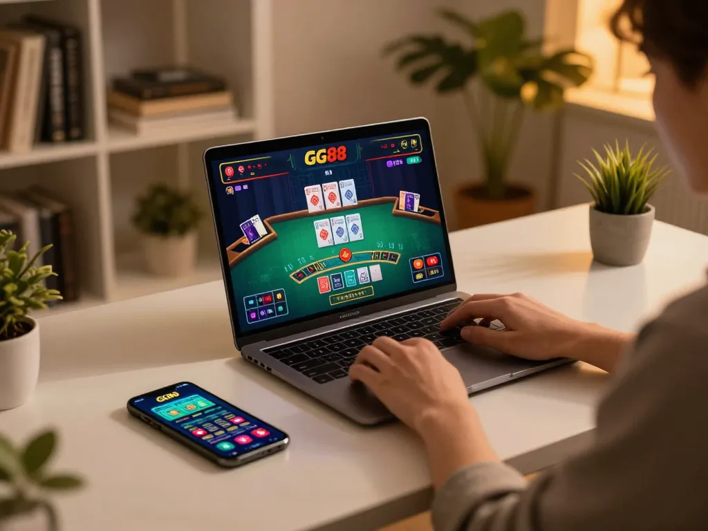 Engaged player using GG88 for live dealer blackjack, surrounded by strategic gaming elements.