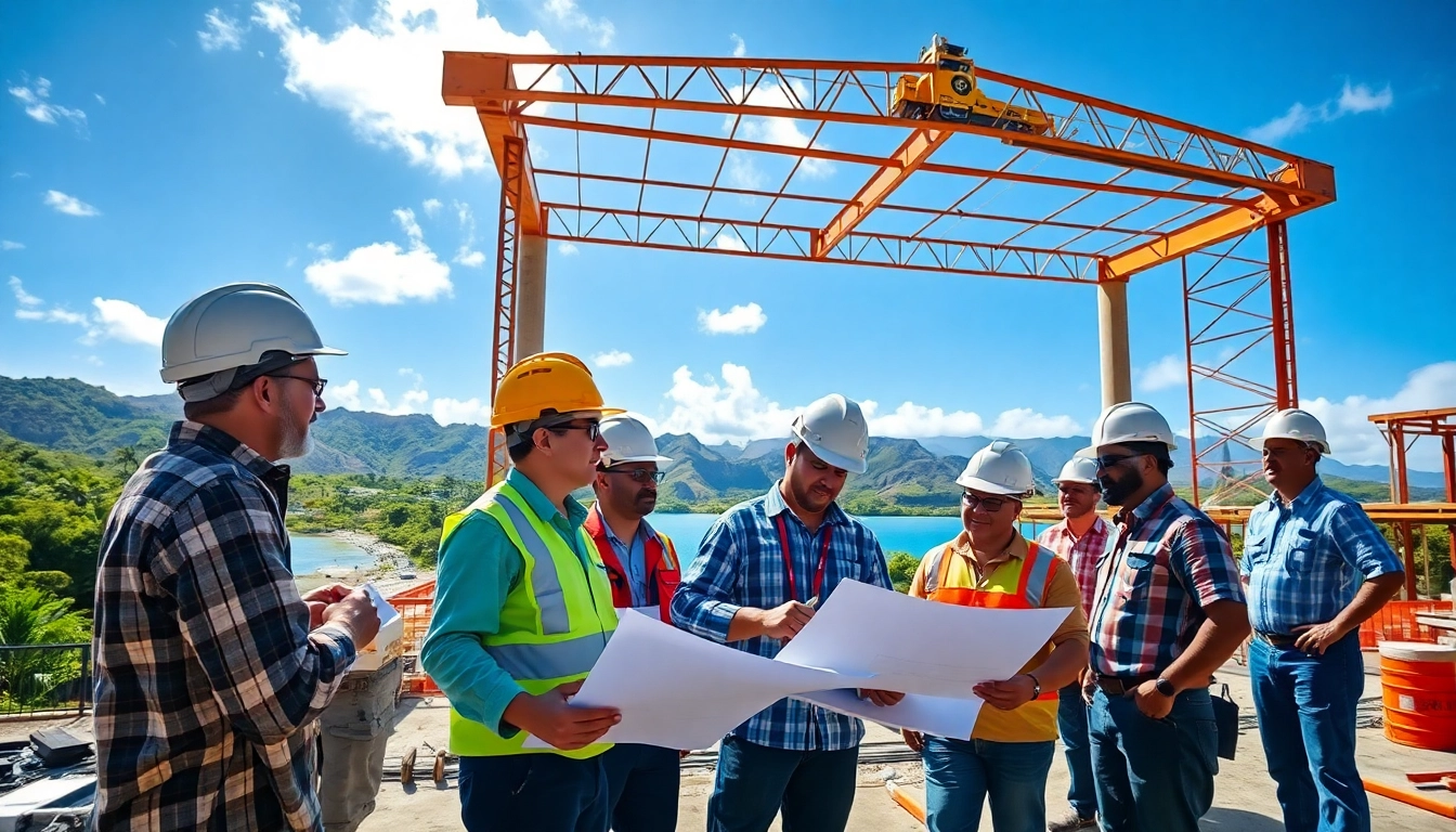 Workers reviewing blueprints at a Hawaii construction site, showcasing hawaii construction news.