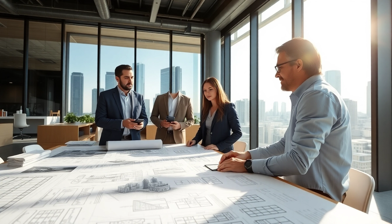 Real Estate Developer presenting plans in a modern office environment with blueprints.