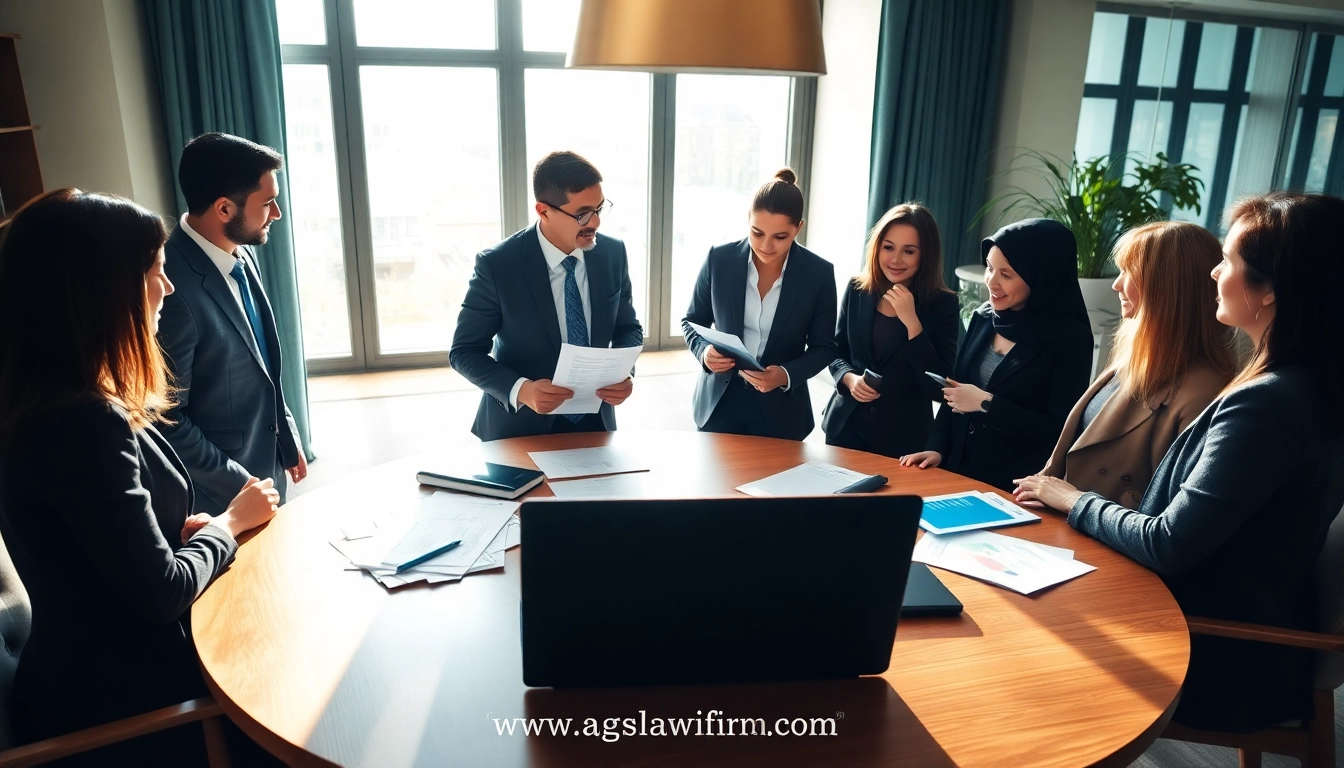 Collaborative legal team discussing estate planning strategies at https://www.agslawfirm.com in a modern office.