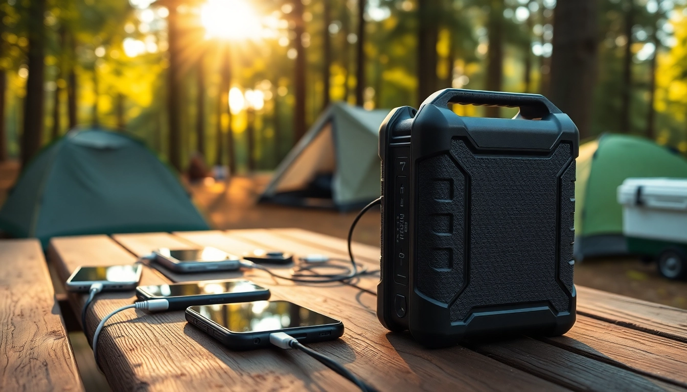 Charge multiple devices with this portable power station in a picturesque camping setup.