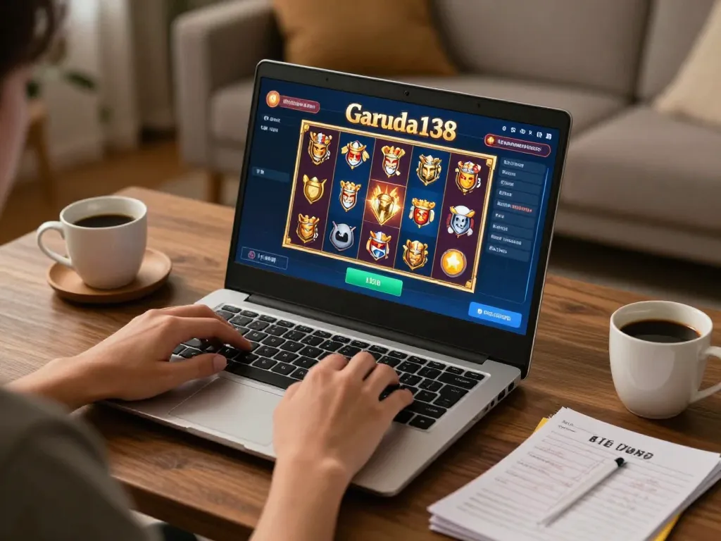 Engaging online gaming experience with king garuda138 slot games on laptop in cozy home setting.