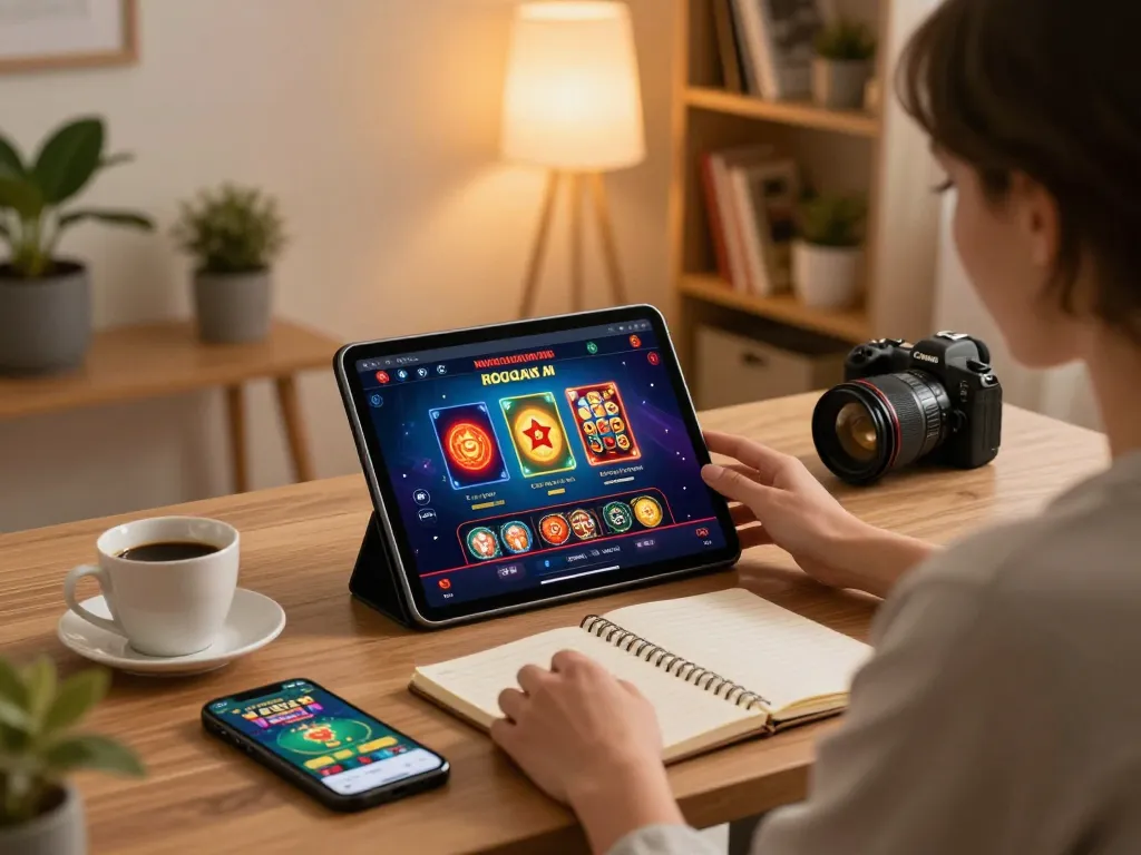 Playing at Free No Deposit Casinos on a tablet in a stylish home office with gambling strategy notes.