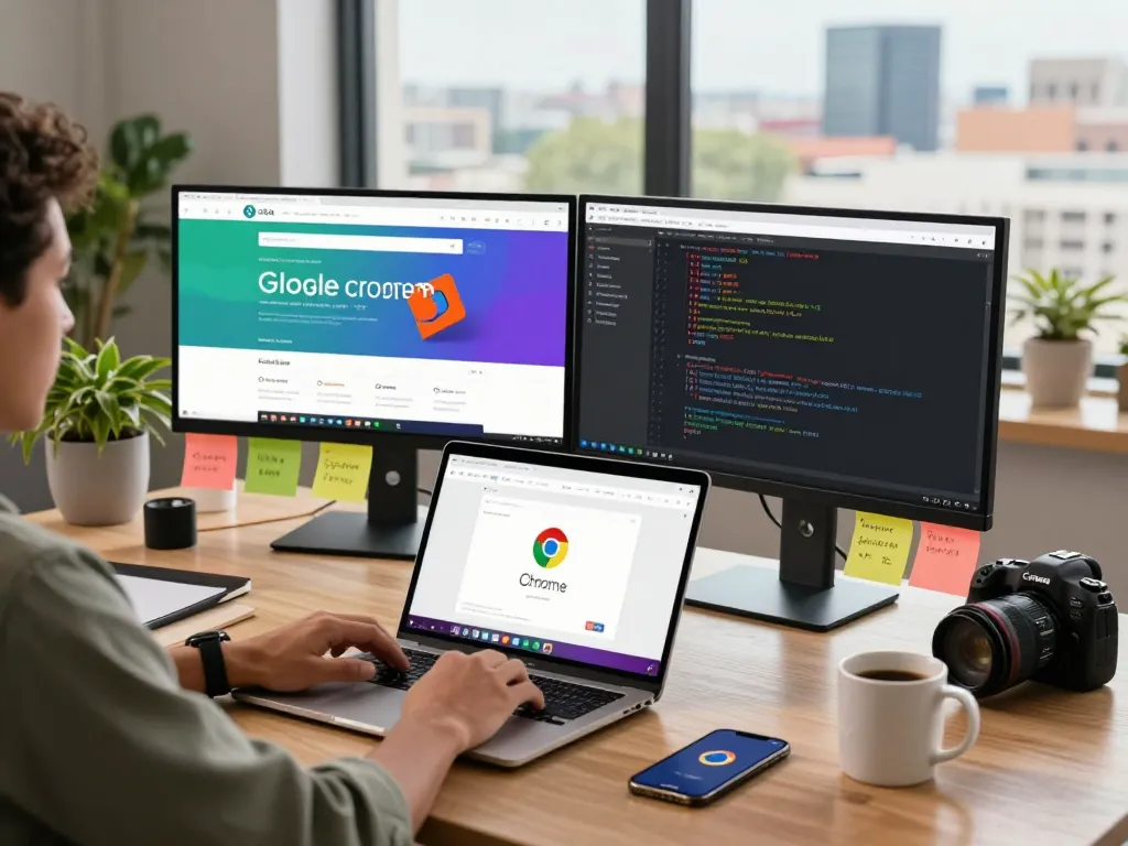 Experience seamless browsing with 谷歌浏览器 on a modern workspace setup featuring vibrant displays and technology integration.
