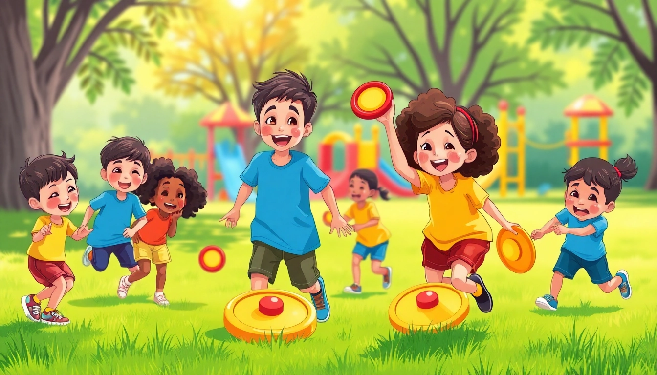 Kids enjoying daman games in a sunny park with vibrant colors and excitement.