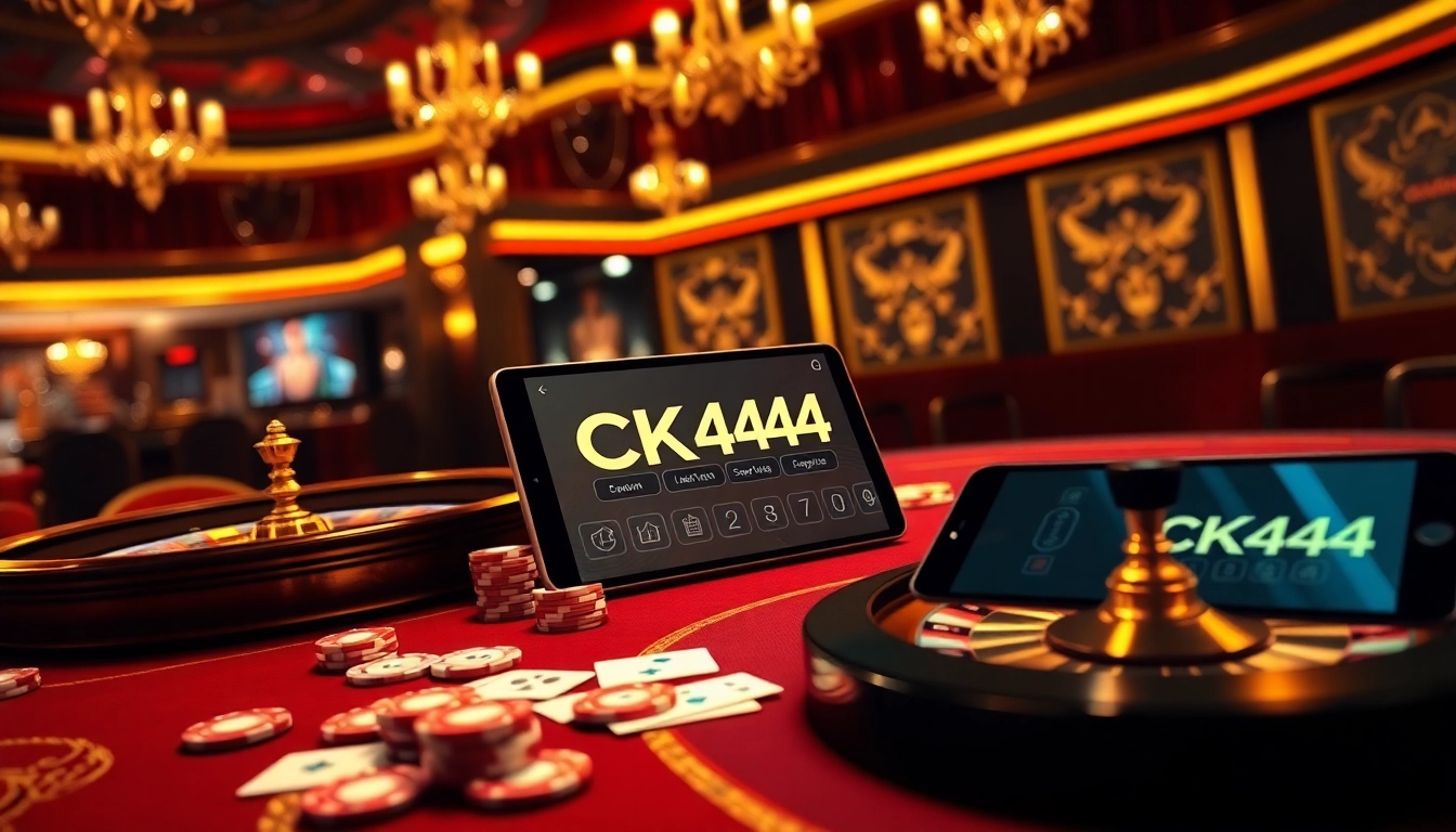 CK444 online casino interface with vibrant casino elements like cards and roulette wheel.