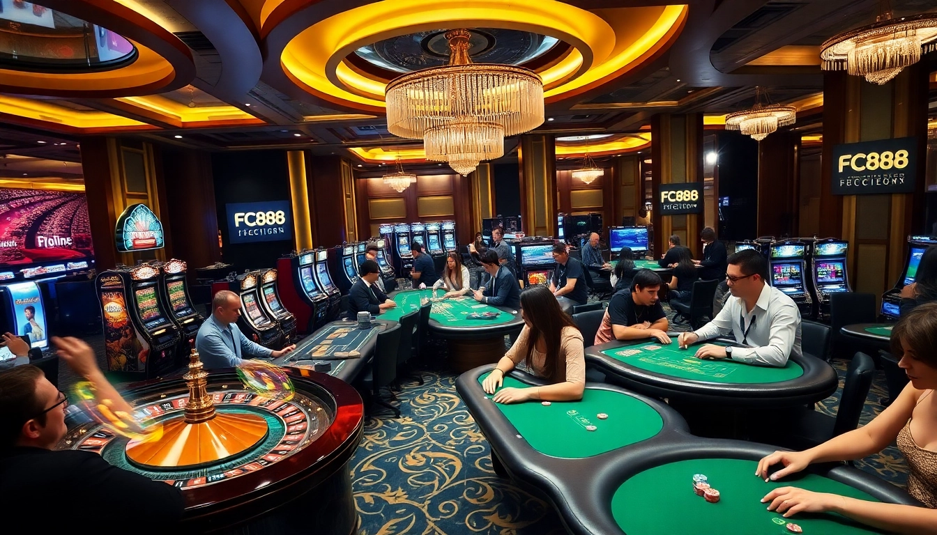 Excited gamblers at the luxurious FC88 casino, engaging with roulette and poker.