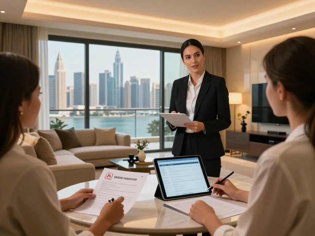 Effective airbnb management dubai showcased in sleek apartment with skyline view and property management discussion.