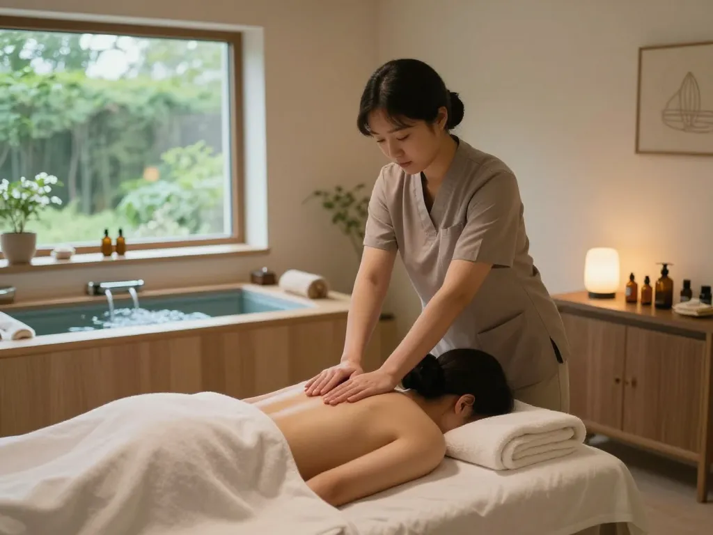 Relaxing 삼성동마사지 session in a tranquil spa with soft lighting and calming decor.