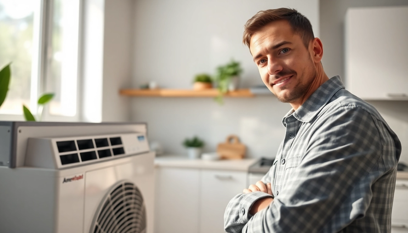 Service technician checking an american standard hvac unit in a bright kitchen setting.