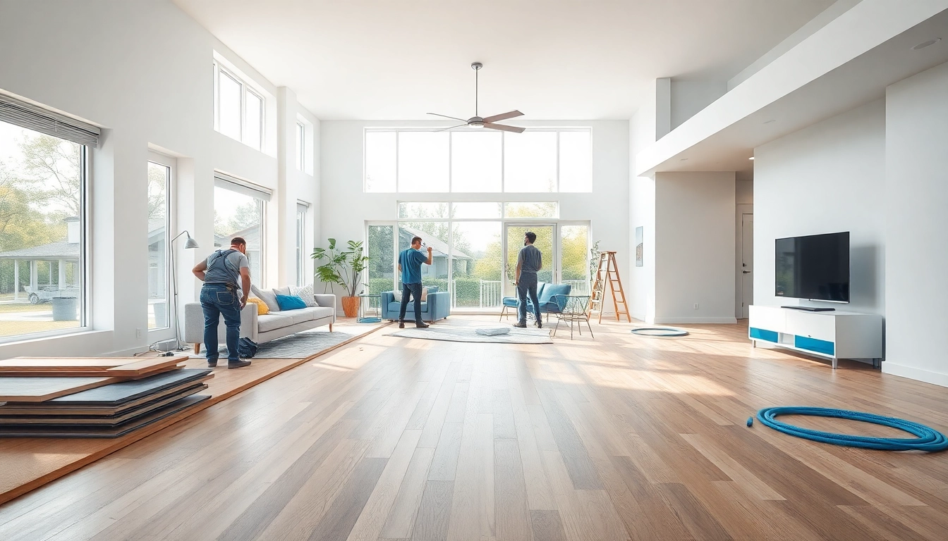 Engaging home renovation scene with workers improving a modern living room space.