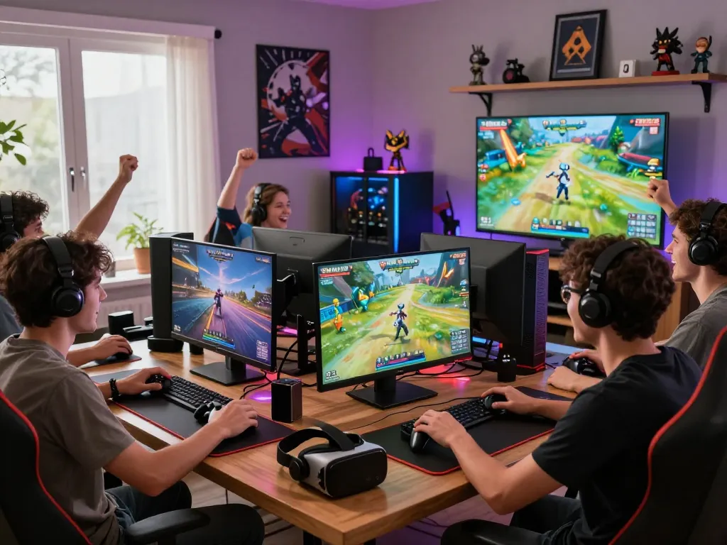 Group of friends enjoying competitive gaming on 79kingg.us with vibrant visuals and cheerful atmosphere.