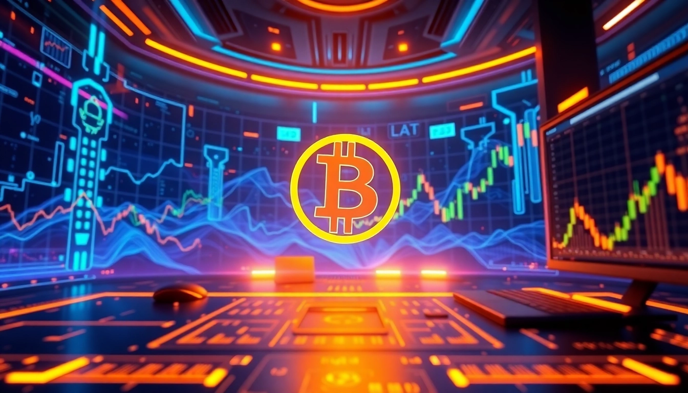 Interfejs handlowy kryptowalut Bitcoin z wizualizacjami blockchain i bezpiecznymi komponentami cyfrowego portfela w zaawansowanym, technologicznym otoczeniu.