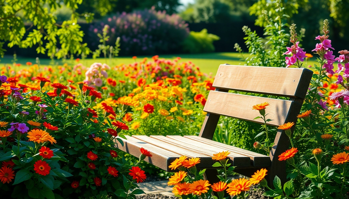 Gardening scene with colorful flowers and a serene garden bench in a vibrant landscape.