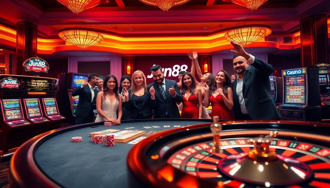Experience the thrill of winning with Jun88's vibrant casino atmosphere, featuring poker tables and slot machines.