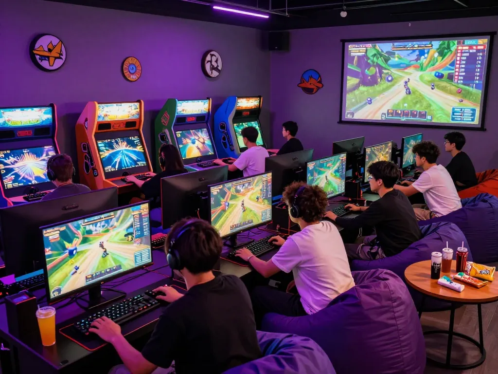 Exciting mantra88 gaming lobby with diverse players enjoying fast-paced gameplay in a vibrant neon setting.