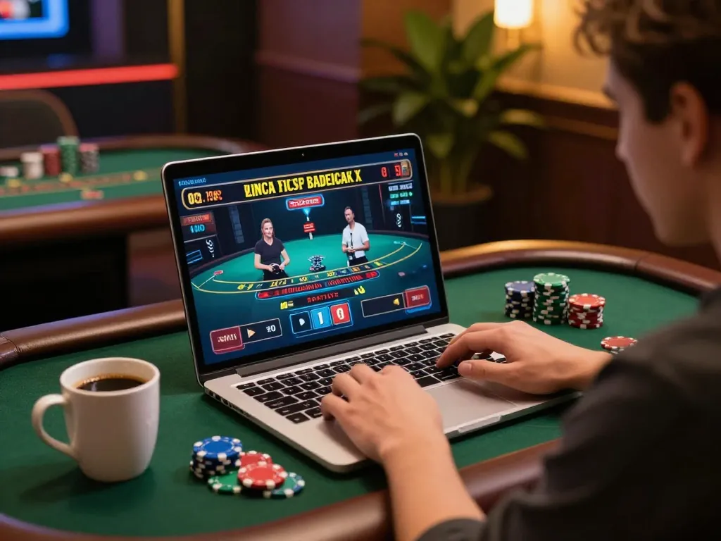 Engaging online gaming with 오피가이드 in a cozy home setting, focusing on blackjack strategy.