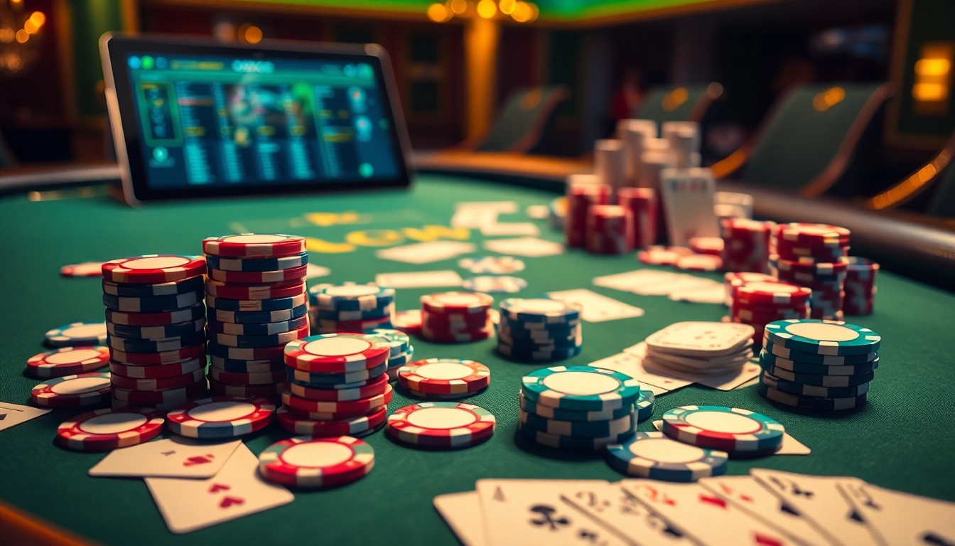 Experience the thrill of poker with pokergacor, featuring a luxurious casino scene with vibrant poker chips and cards.
