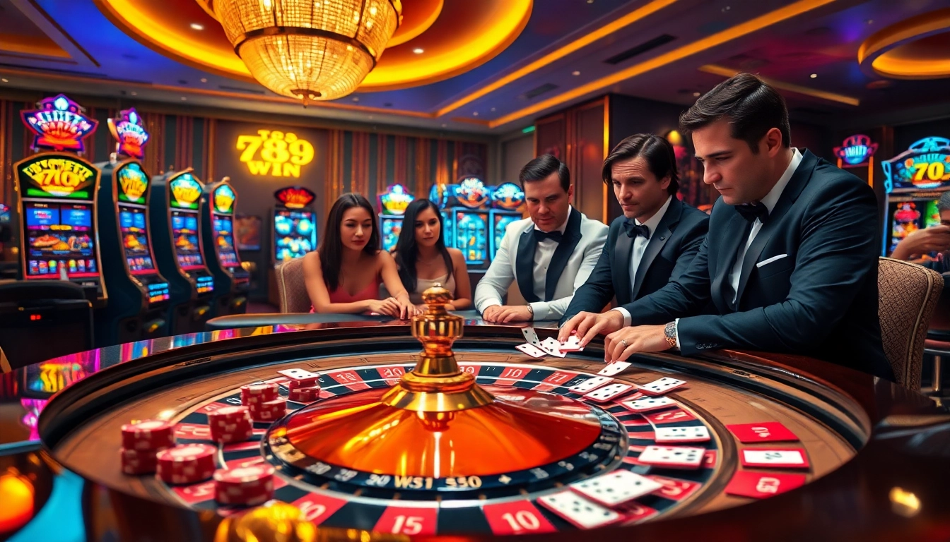 Experience the thrill of "789 win" at a vibrant casino with roulette and poker action.