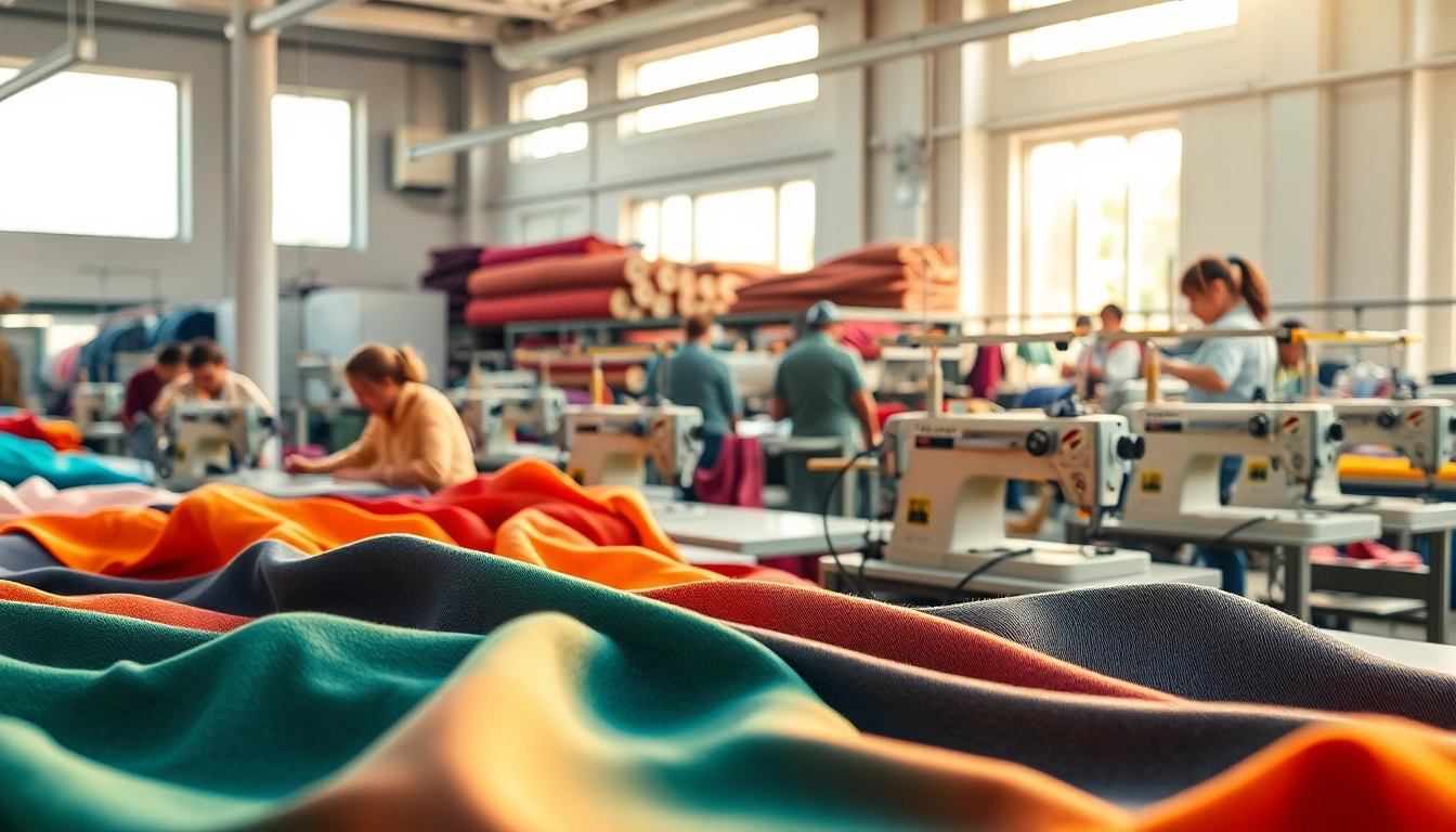 Artisans working in Clothing Manufacturers in China factory, showcasing craftsmanship and vibrant fabrics.