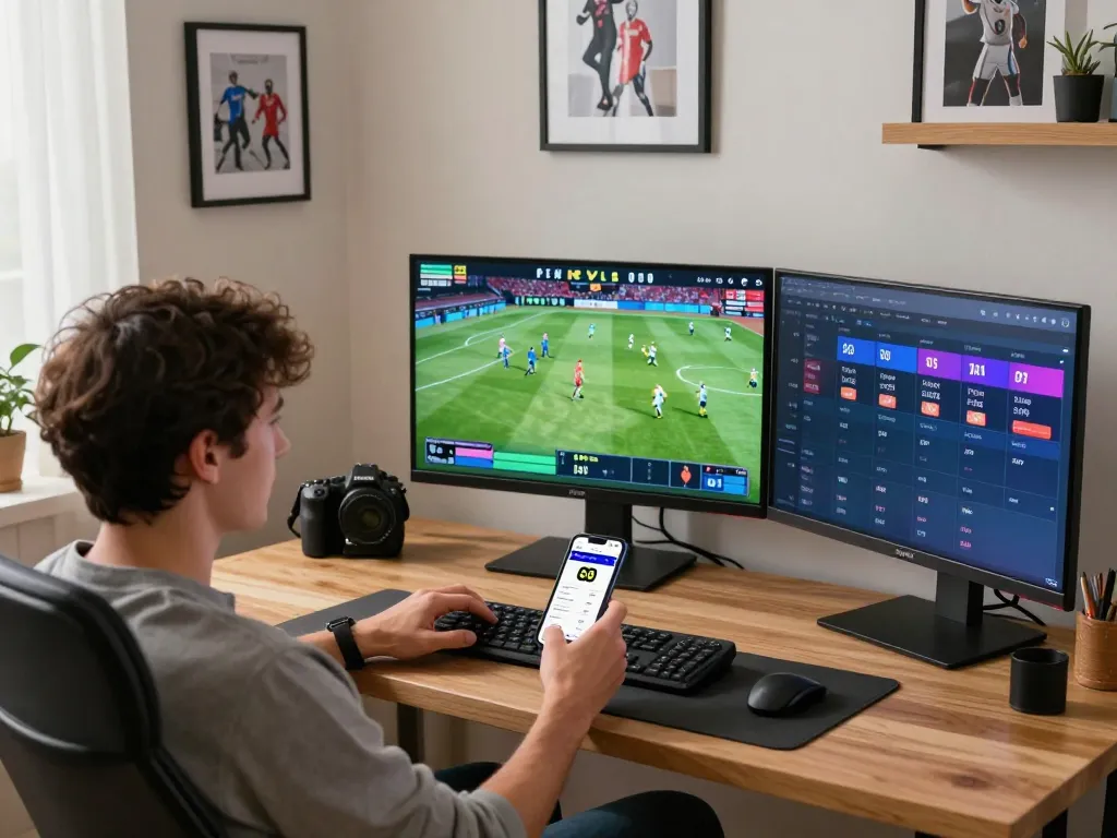 Person engaging with O8 sports betting app on multiple screens in a stylish home office.