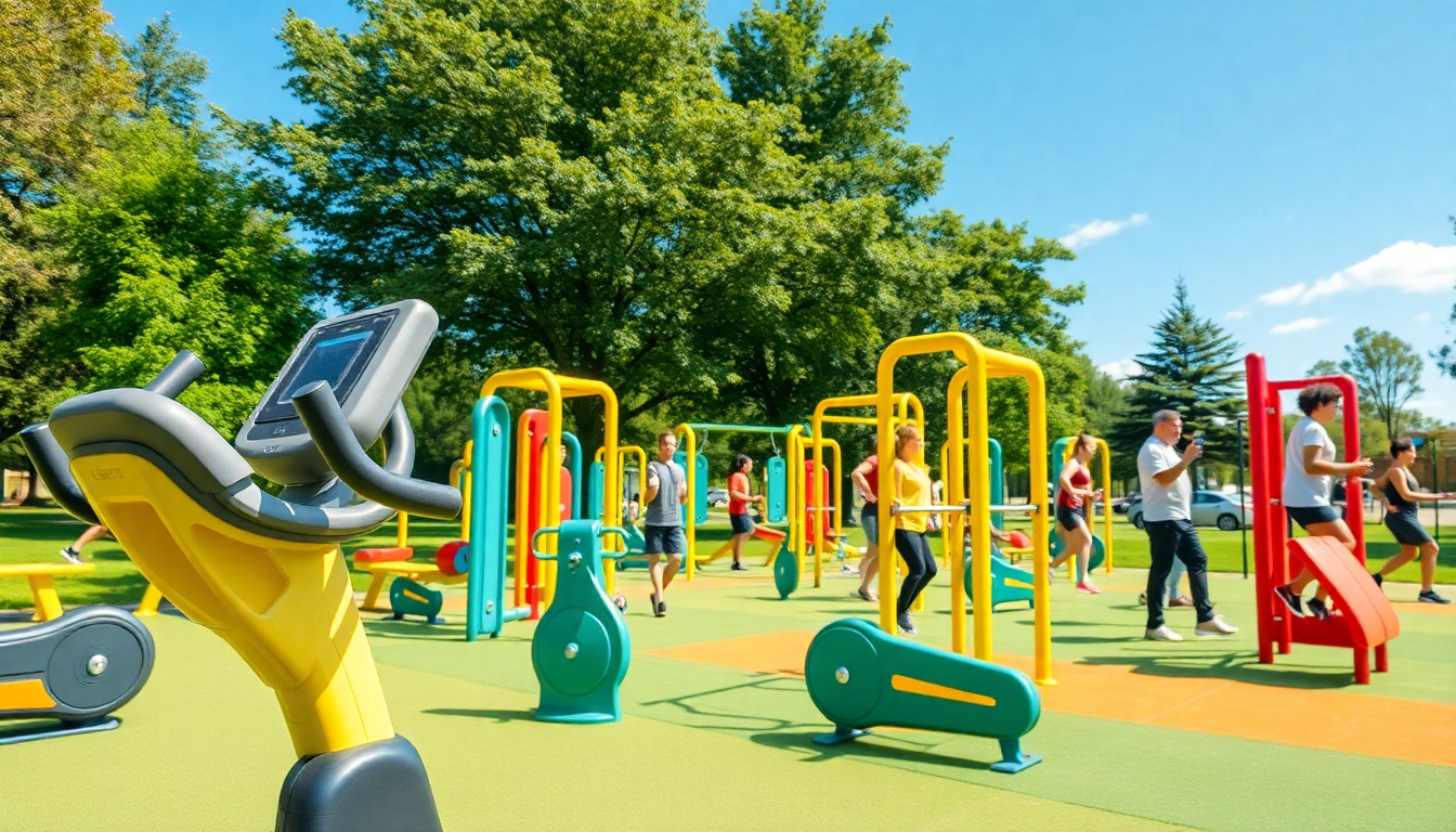 Engaging outdoor gym equipment in a vibrant park setting promoting fitness and community health.