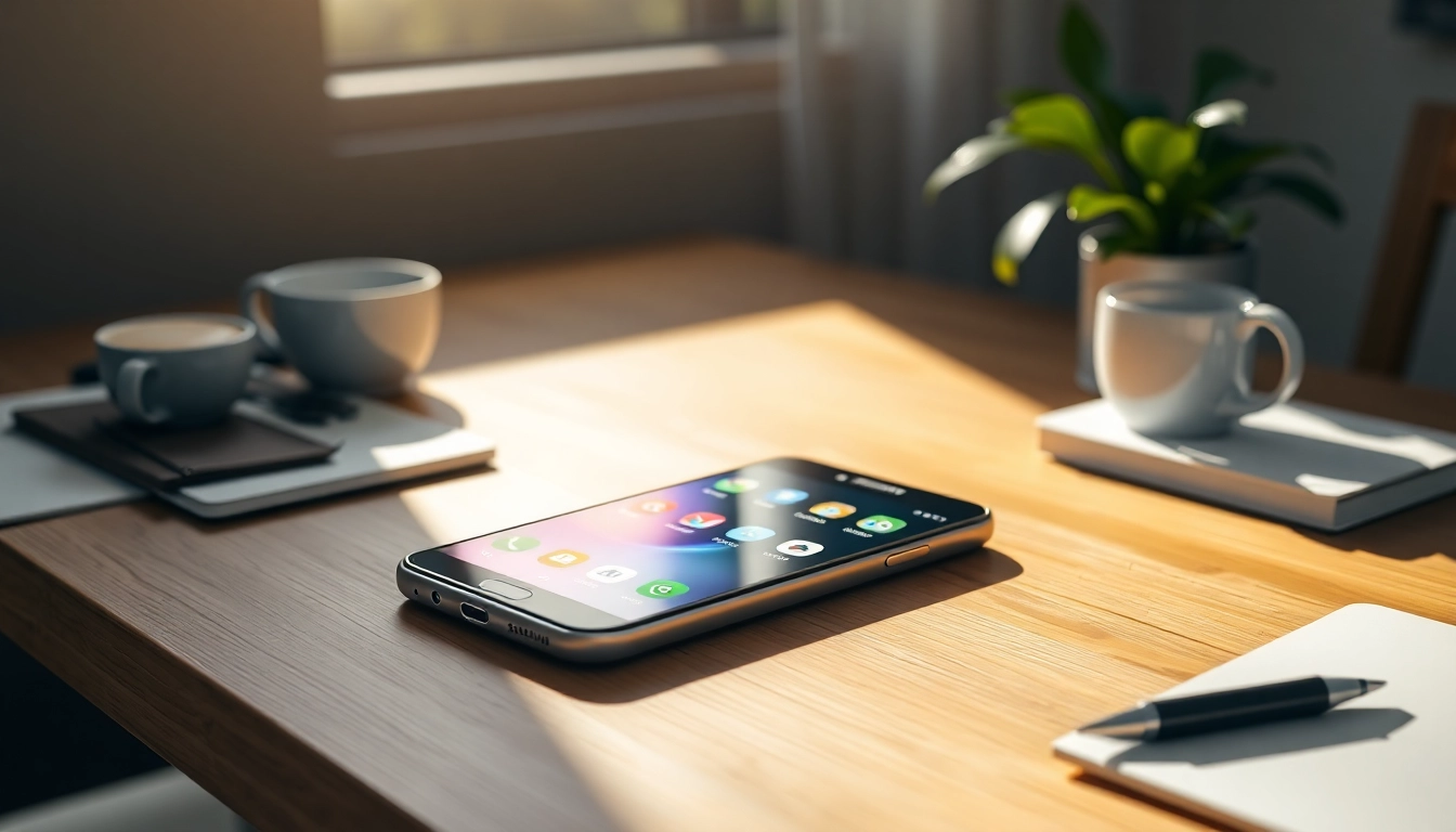 Samsung Galaxy w eleganckim biurze z żywym wyświetlaczem i przytulnymi detalami.