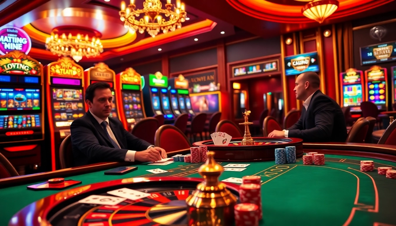 Engaging scene at a reputable casino showcasing a table game, vibrant poker chips, and a roulette wheel, embodying nhà cái uy tín.
