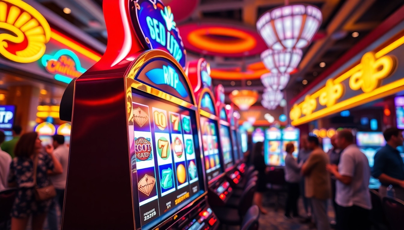 Engaging RTP slot machine in a vibrant casino, surrounded by excited players and colorful lights.