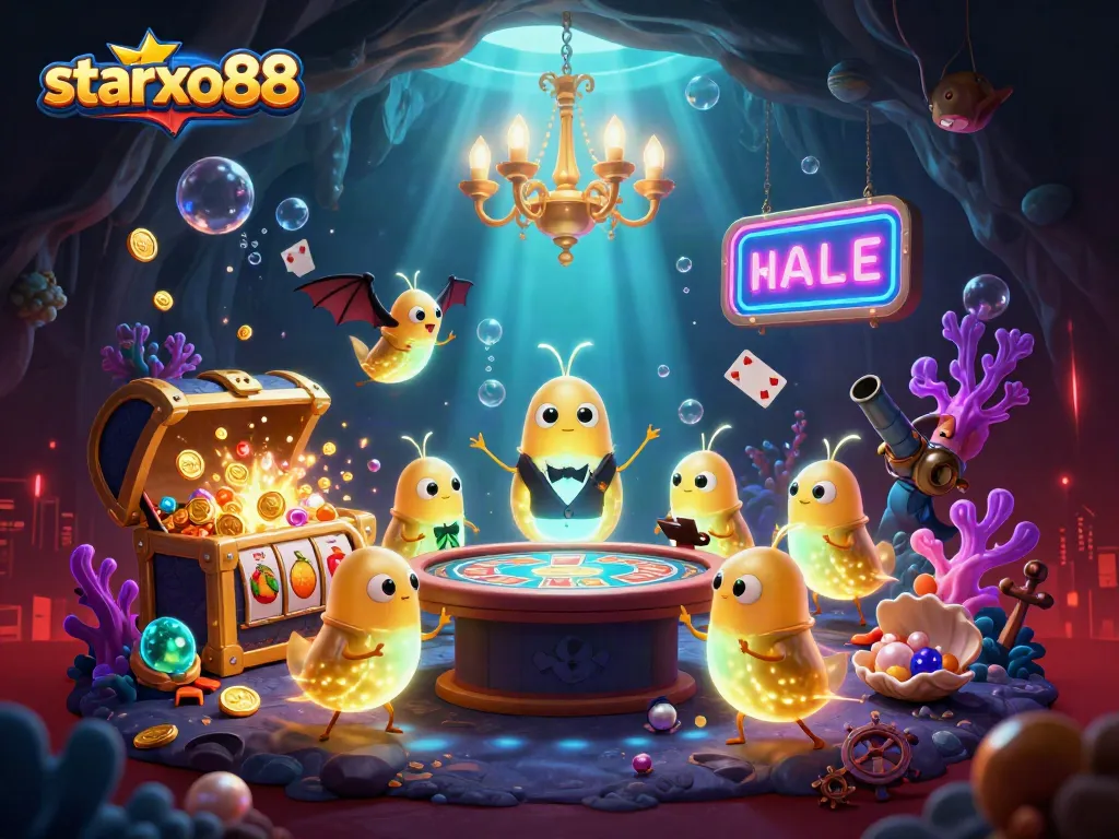 Experience starxo88 slots action in a vibrant cave casino with glowing characters and treasures.