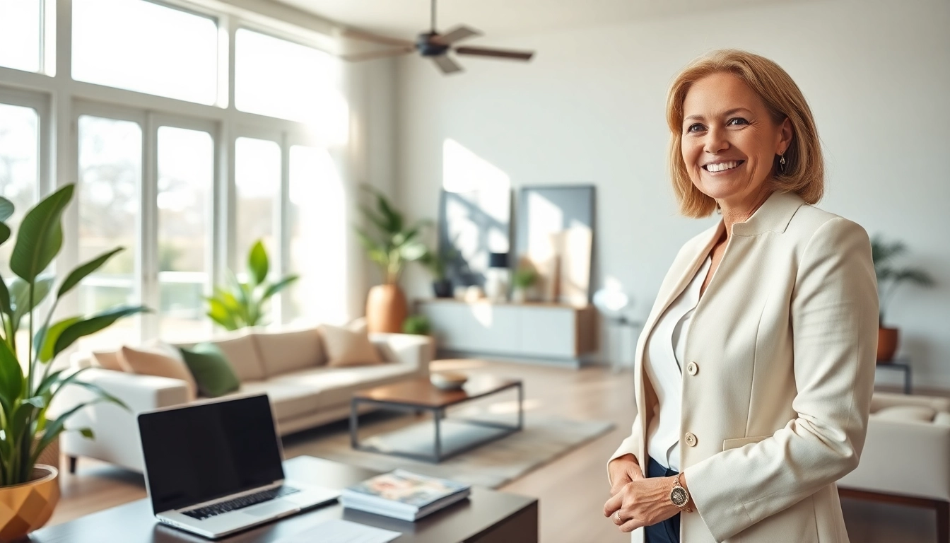Showcasing a real estate agent in a stylish home, highlighting professionalism and inviting atmosphere.