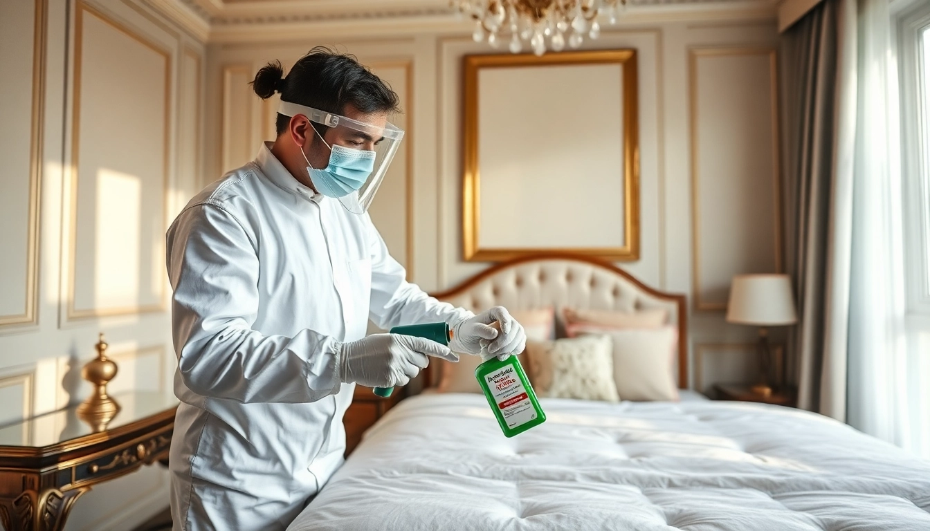 Bed bug exterminators effectively treating a modern bedroom for pest control.