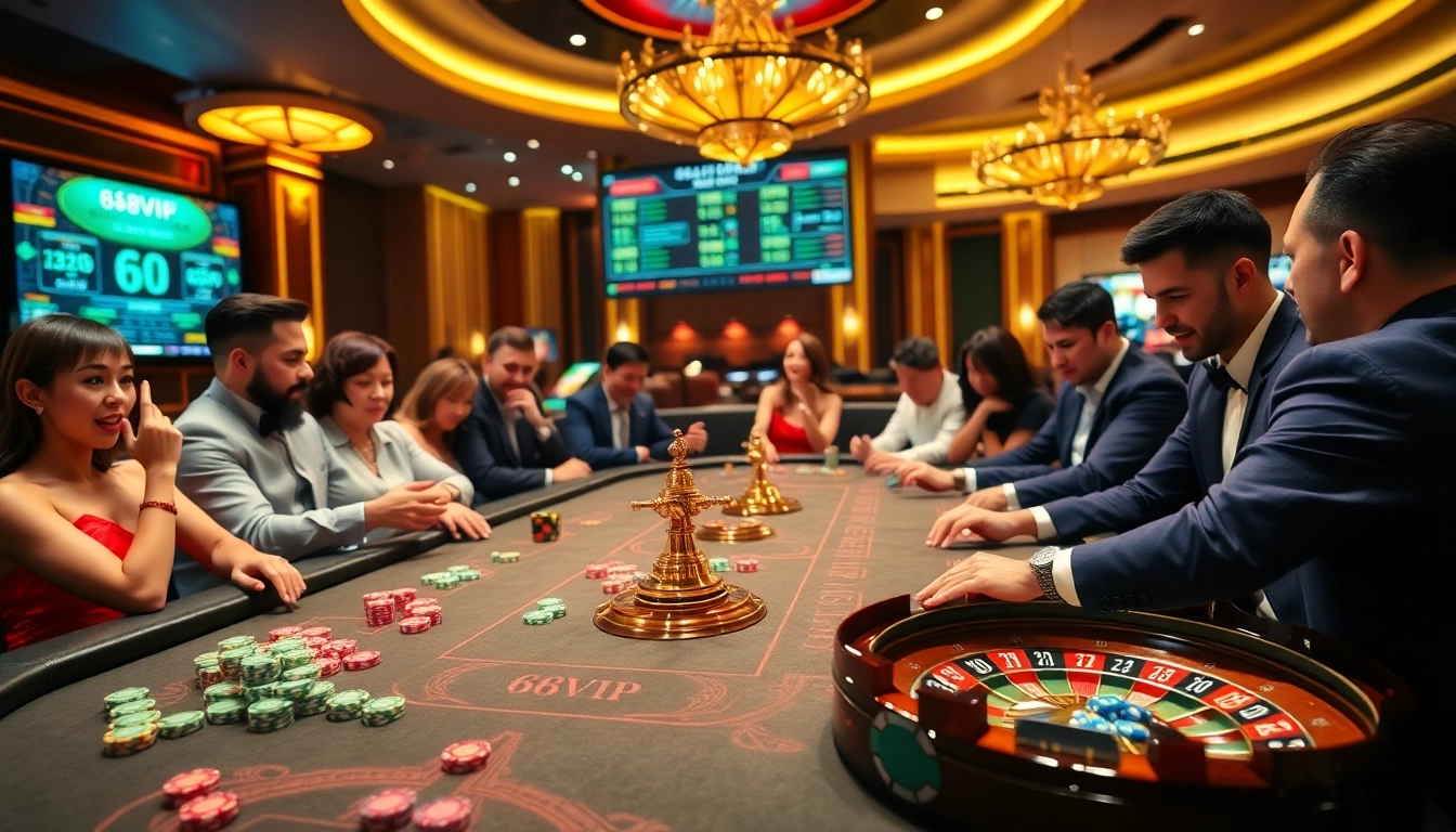 Experience thrilling gaming at 68VIP's vibrant casino table with lively players, poker chips, and roulette wheel.
