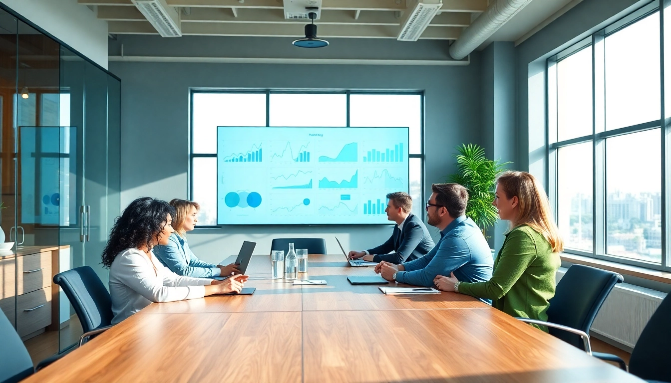 Business professionals engaged in a collaborative meeting in a modern office setting.
