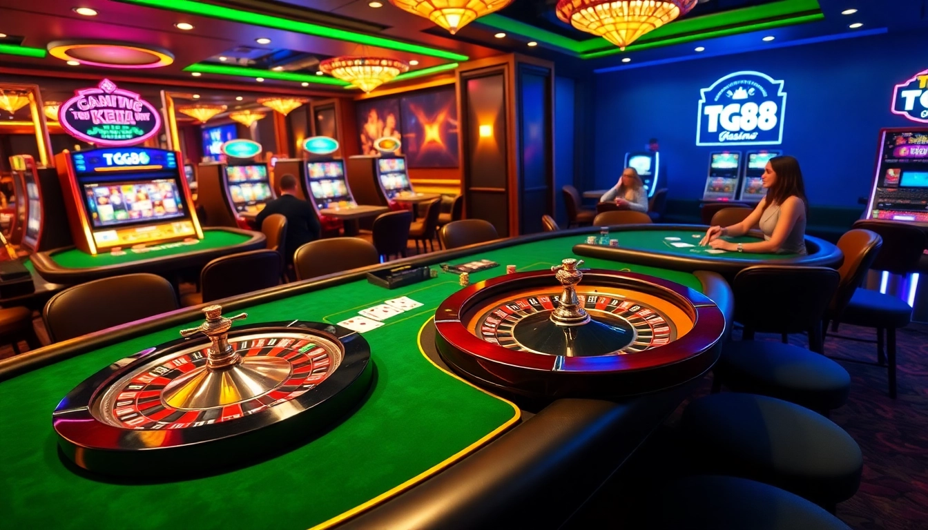 Players enjoying a glamorous gaming experience at TG88 casino, featuring vibrant tables and exciting gameplay.