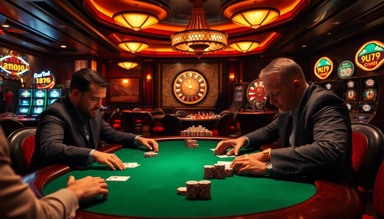 Experience high-stakes excitement at fun79 com with a luxurious poker game featuring polished tables and vibrant chips.