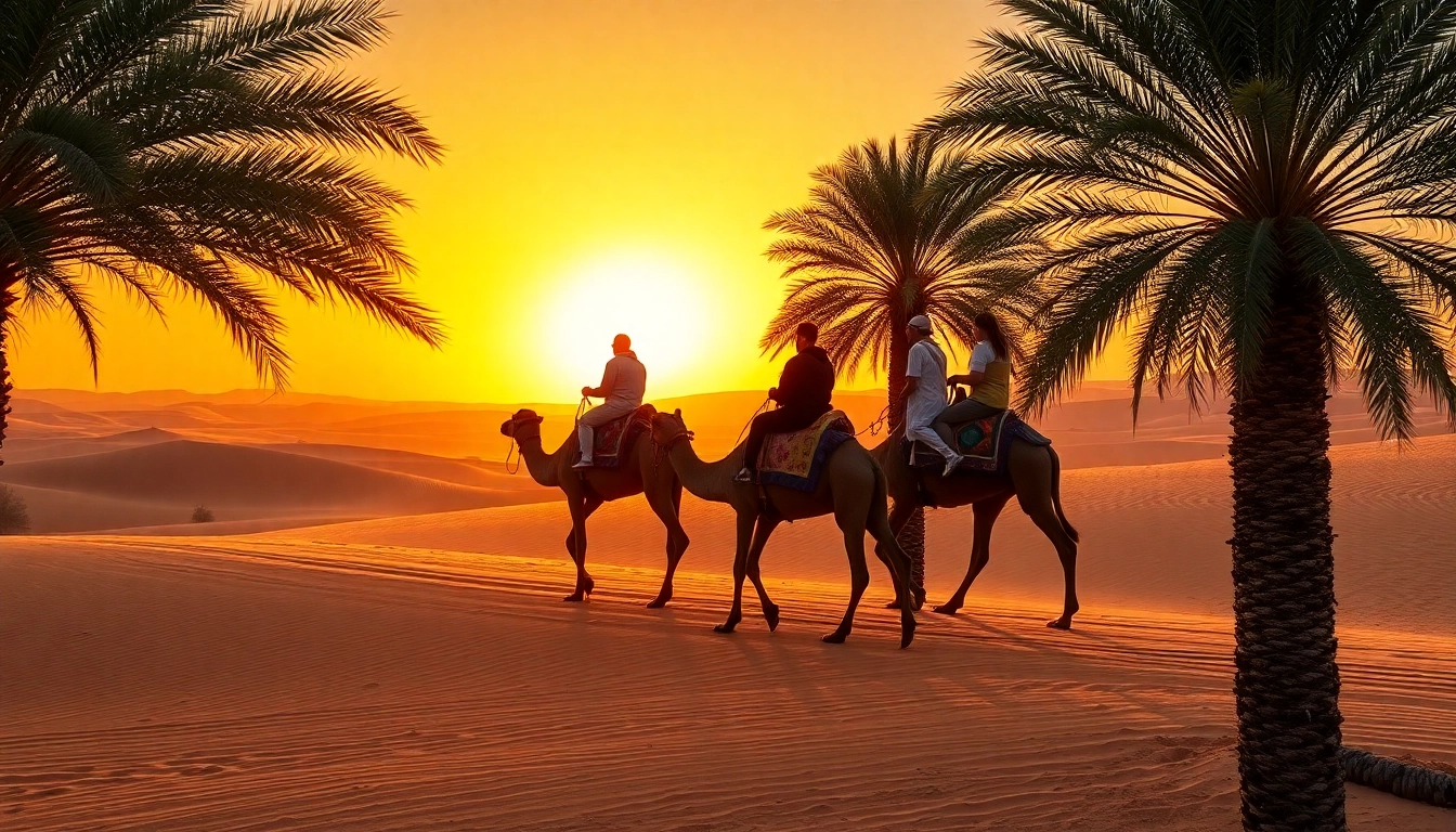 Engaging camel ride Marrakech at sunset, showcasing the Agafay Desert's golden dunes and serene atmosphere.