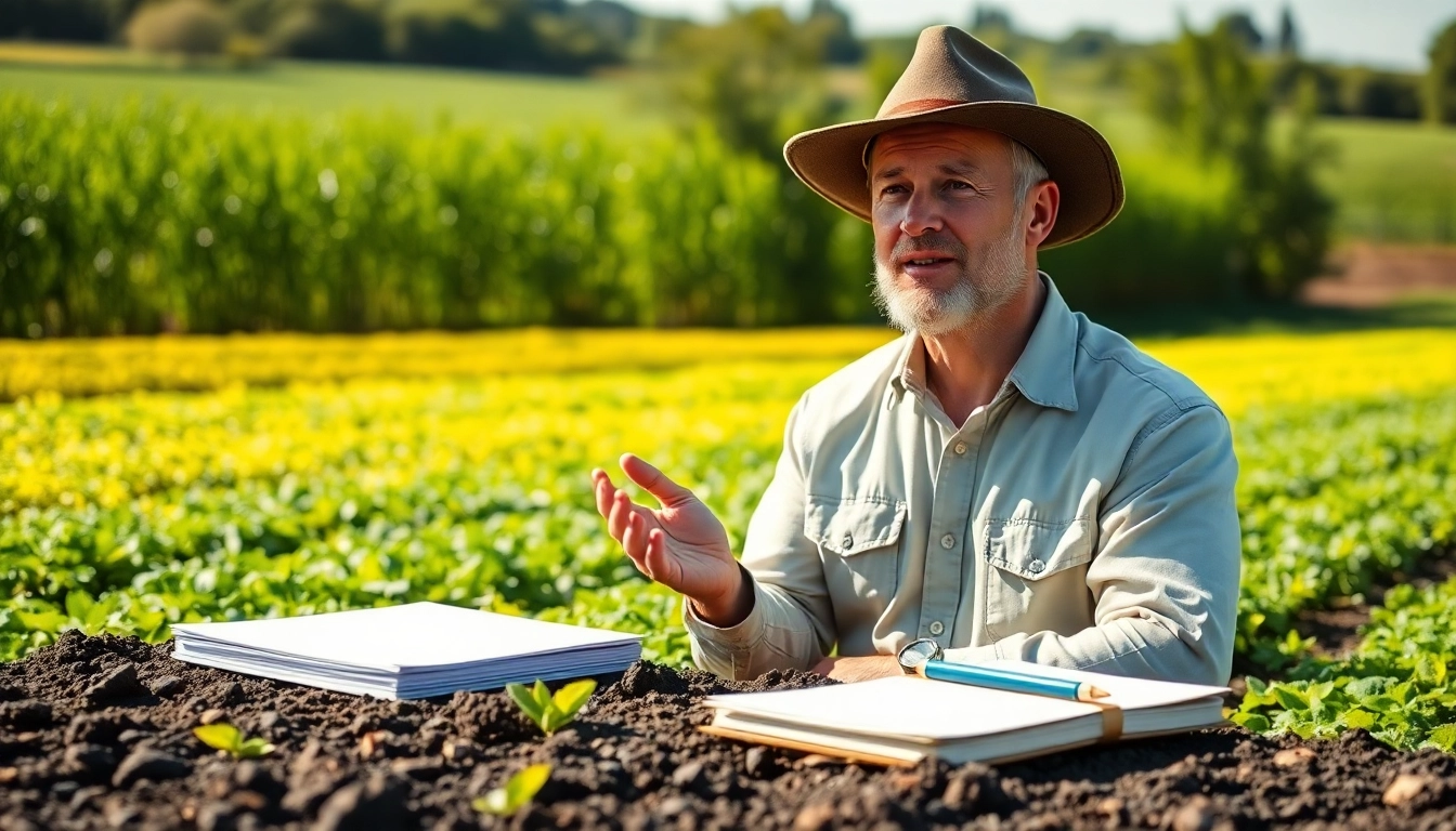 Engaging farmer consulting on agricultural law with legal documents in a lush field.
