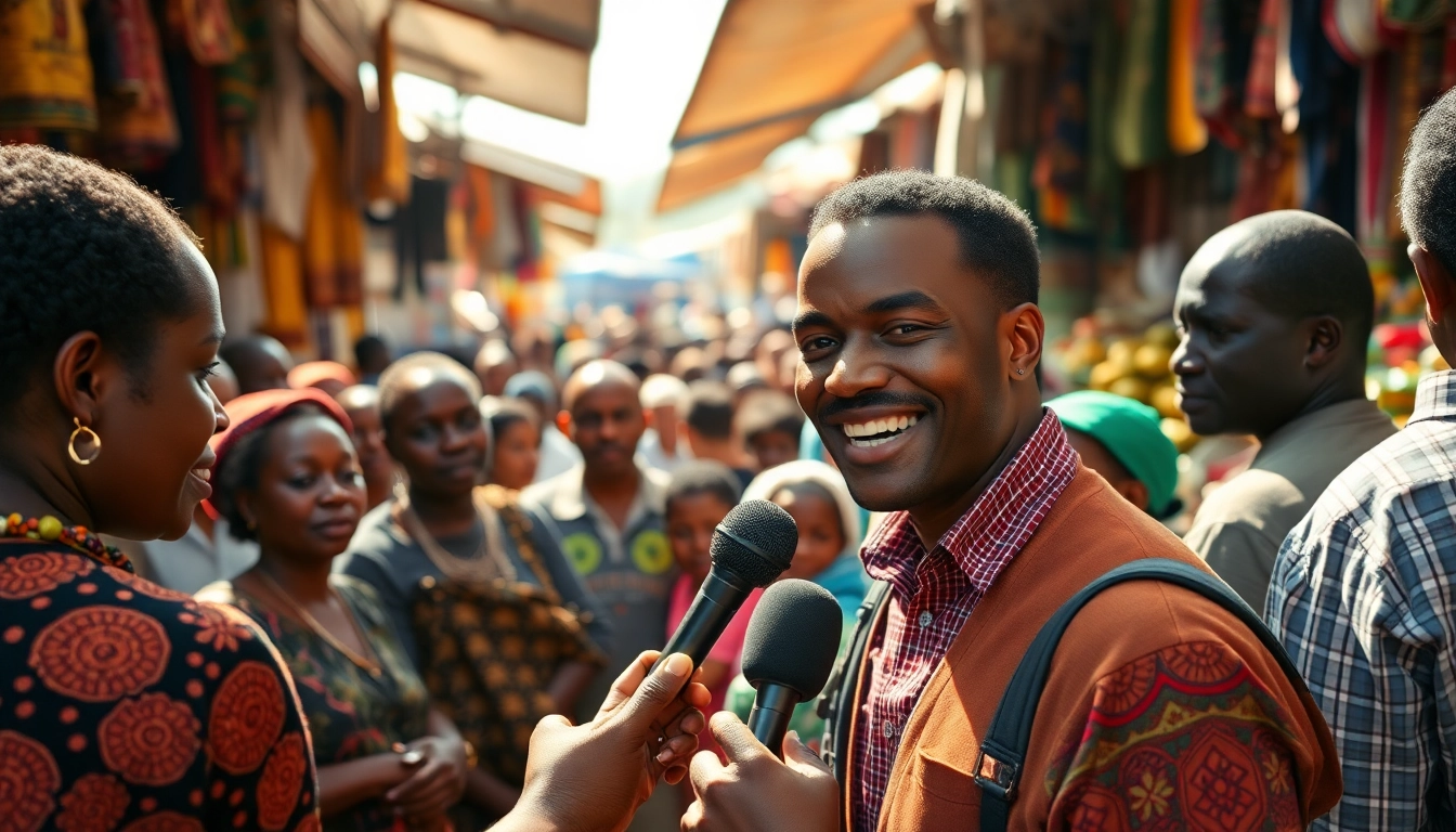 Engaging scene of Kenya News Today being reported in a bustling Nairobi market.