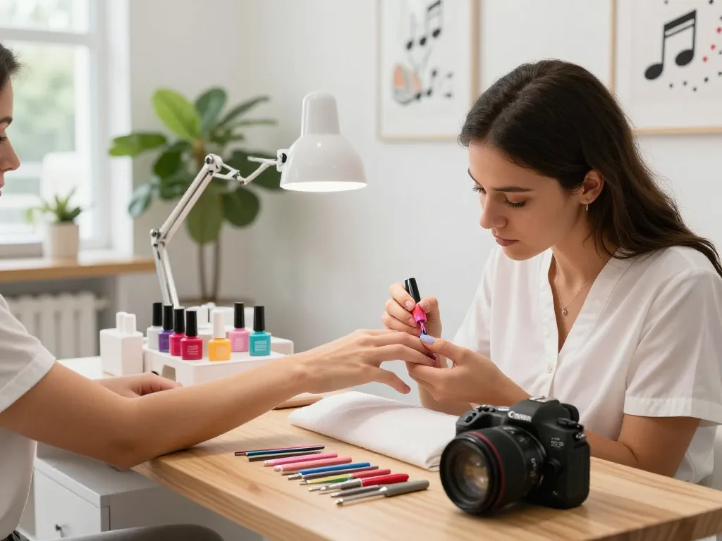 Nail technician applying gel polish in a bright, hygienic salon showcasing a variety of nail art tools and vibrant colors.