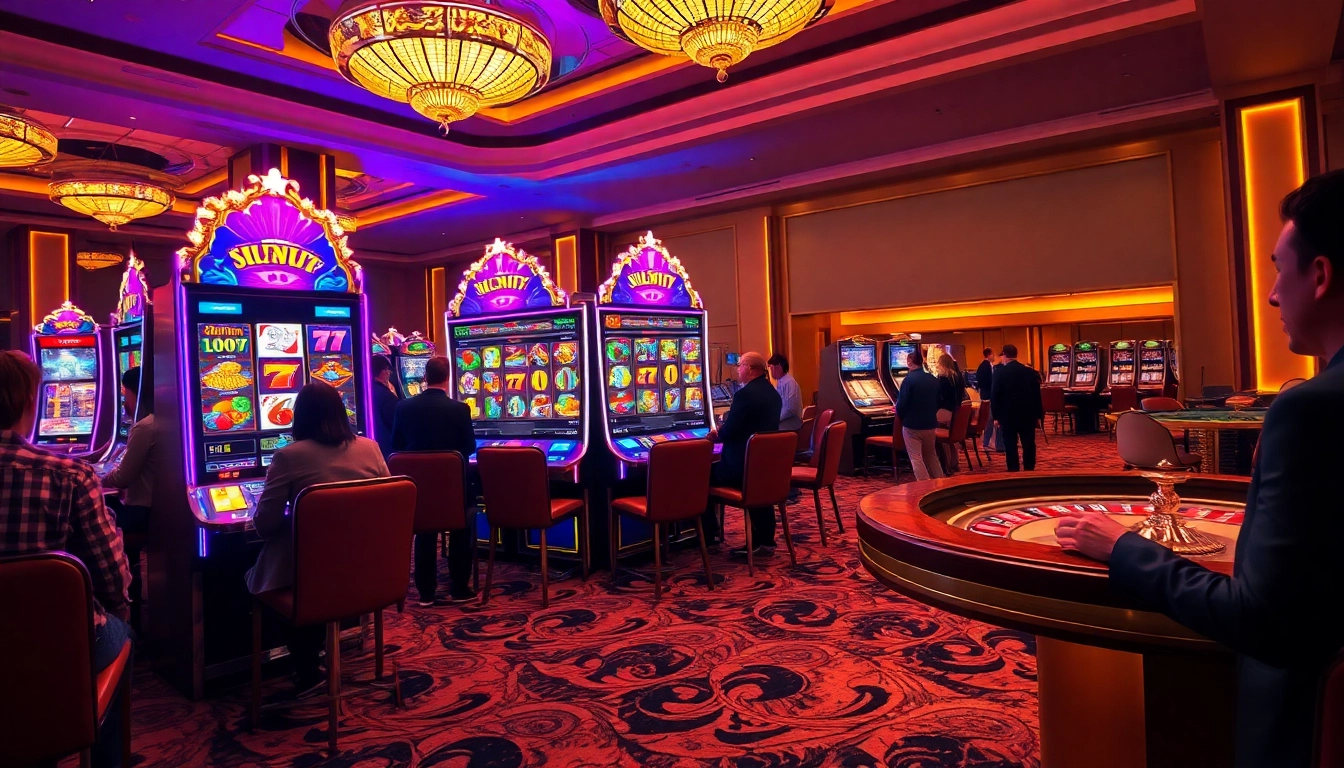 Players enjoying the excitement of slot777 machines in a luxurious casino setting.