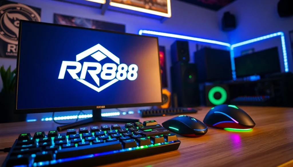 Engaging gaming setup showcasing the RR88 logo with vibrant RGB lighting and modern technology.